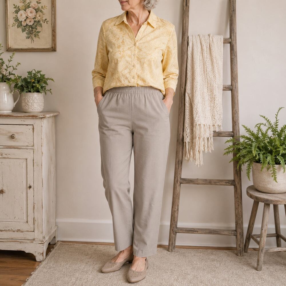 Alfred Dunner Khaki Pull On Slacks 16P Grannycore Cottagecore Modest Business
